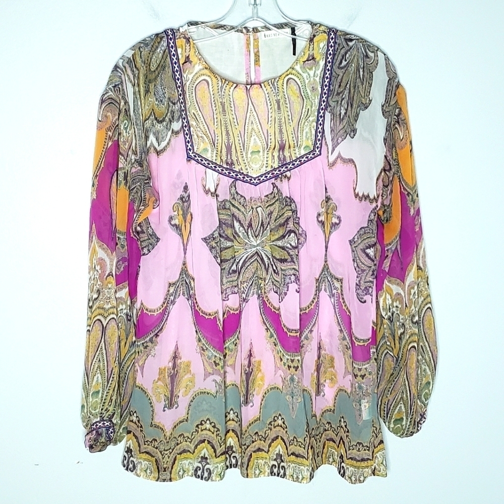 KAS New York Boho Paisley Flowy Blouse Pink XS